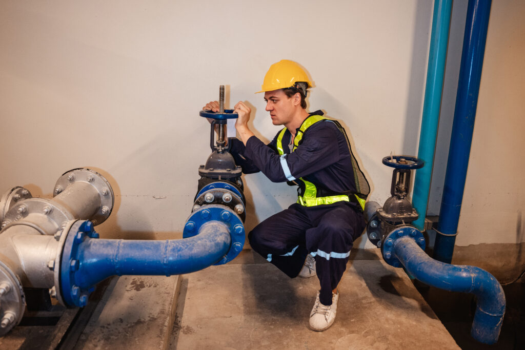 Engineers inspecting the inside plumbing and water valves of an industrial facility.
